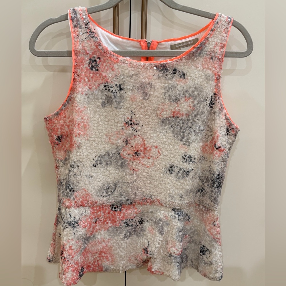 Banana Republic Coral and Gray Floral Sleeveless Blouse